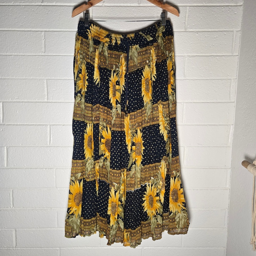 Vtg Lemieux Sunflower Maxi Broomstick Skirt One Size Boho Cotton India Sunflower